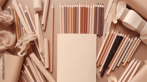 Generative AI, top view of empty sheets of paper, pencils, notepads, stationery, beige shades, pastel colors, layout, space for text, background, workplace, study, drawing
