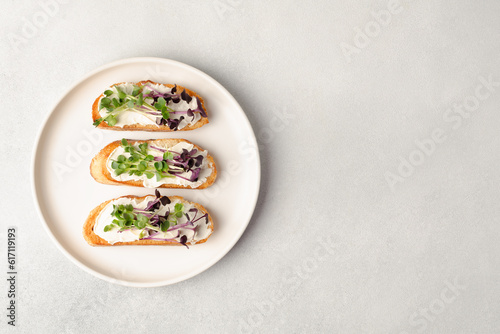 Healthy snacks or starter, appetizer with organic microgreens growing at home for healthy eating or for restaurant. Top view, copy space for text 