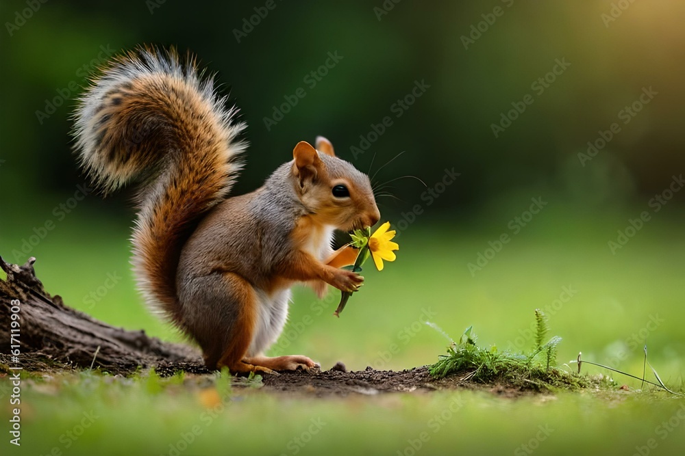 squirrel eating yellow flower generated AI