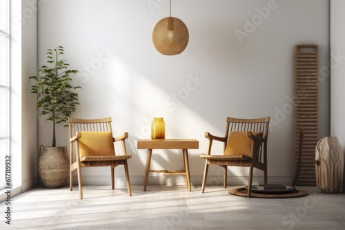Living room design sample with two wooden chairs against a white wall and copy space. Generative AI