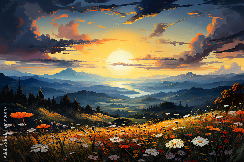 Oil painting of sunset in the mountains, Generative AI