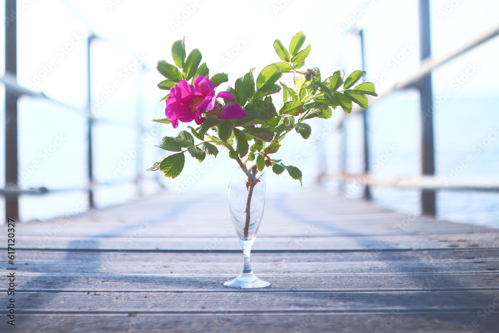 Pink flower in a glass on a wooden platform