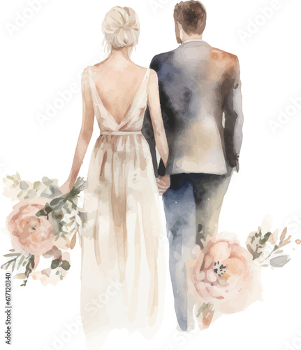 Watercolor wedding illustration bride and groom at the ceremony