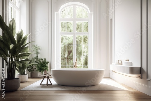 Large white bathtub  wooden floor  white walls  and a potted plant in a luxurious resort spa or villa bathroom. Concept of self care and relaxation. a mockup. Generative AI