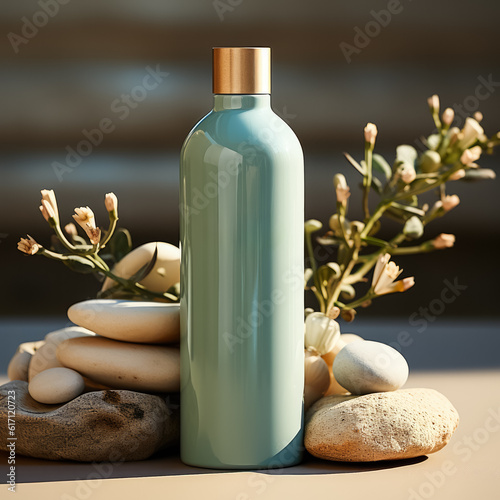 Shampoo and shower gel green bottle mockup, background, mockup for design