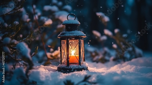 Lamp with candles in the winter forest, generative AI.