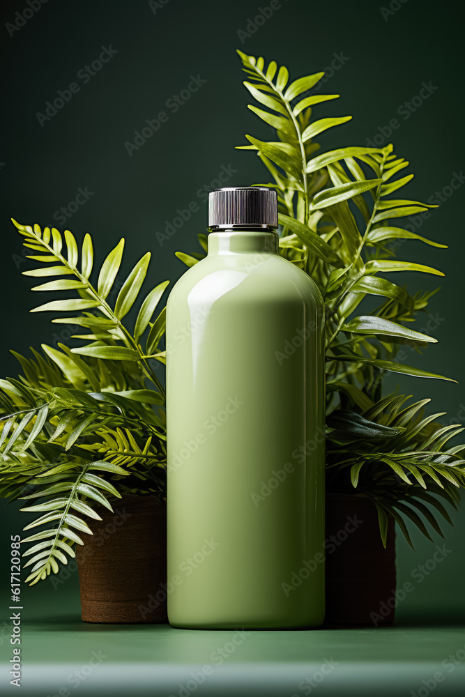 Shampoo and shower gel green bottle mockup with green fern at the background, mockup for design Shampoo and shower gel green bottle mockup with green fern at the background, mockup for design