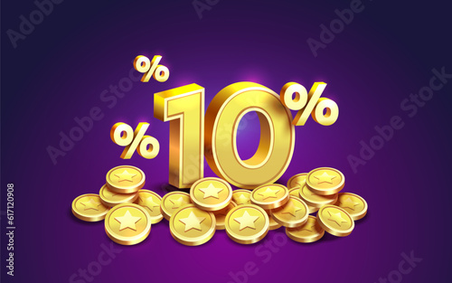 Cashback 10 Percentage golden coins, financial save off. Vector illustration