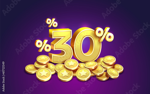 Cashback 30 Percentage golden coins, financial save off. Vector illustration