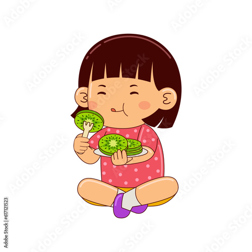 girl kids eating kiwi vector illustration