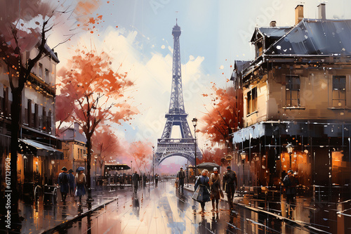 Fototapeta Naklejka Na Ścianę i Meble -  Oil painting of street in Paris, Generative AI