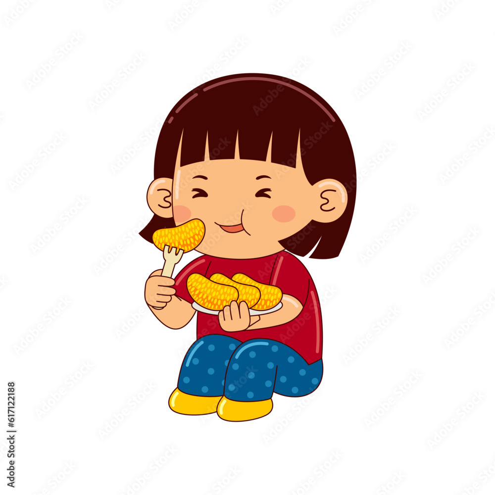 girl kids eating orange vector illustration