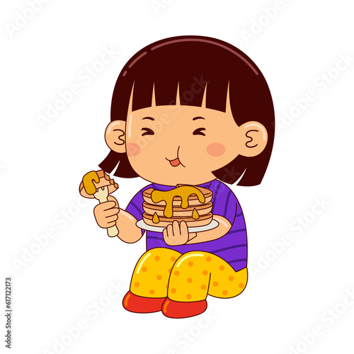girl kids eating pancakes vector illustration