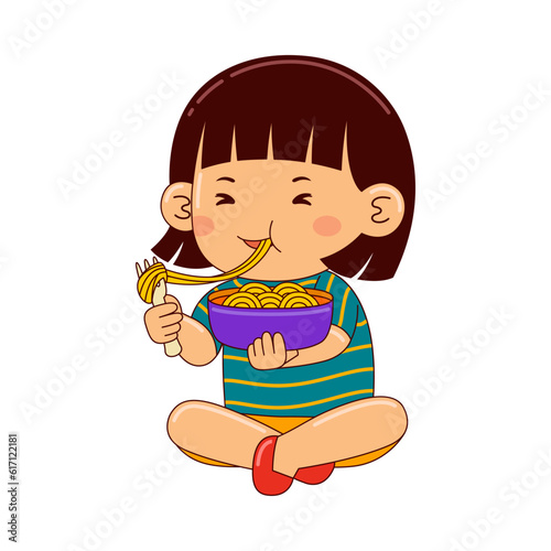 girl kids eating noodle vector illustration