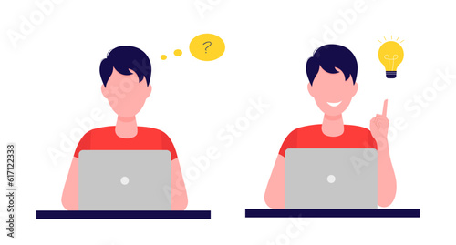 A man working at a computer thinking about solving problems and finding a creative idea. Vector illustration in flat style. Isolated on white background.