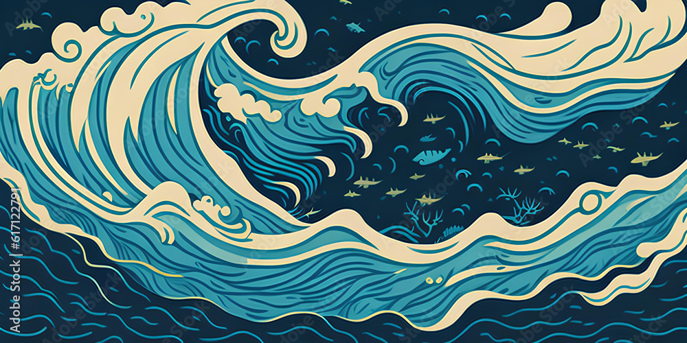 Raging ocean waves with sea animals, fish, storm and waves, flat illustration. General ai Raging ocean waves with sea animals, fish, storm and waves, flat illustration. General ai
