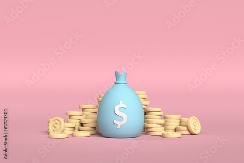 3D  Blue Money bag concept and coin on pink blackgound. 3d render illustration. photo
