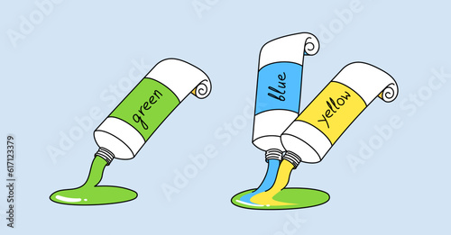 Mixing yellow and blue paint gives green. Tubes with paint and English names. Illustration for young artists or learning the names of colors in English.