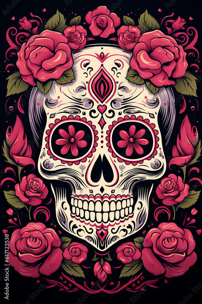 La Catrina dia de muertos Skull. Bemalter Schädel mit Blumen Deko in rosa pink und grün. Tag der Toten in Mexico. Hochkant. Hochformat. Generative Ai.