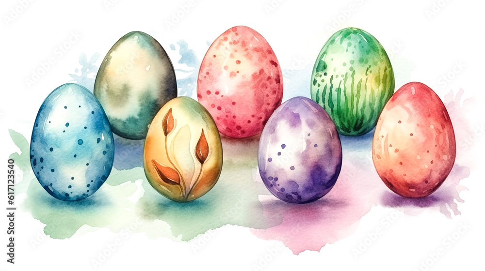Watercolor eggs on a white background, generative AI. Watercolor eggs on a white background, generative AI.