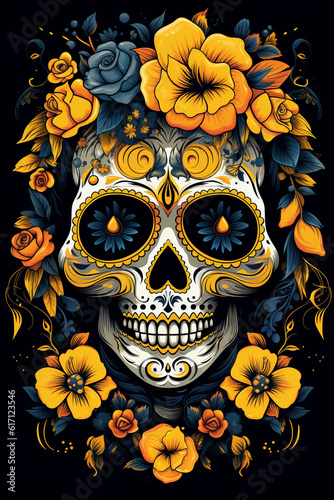 La Catrina dia de muertos Skull. Bemalter Schädel mit Blumen Deko in gelb, blau und schwarz. Tag der Toten in Mexico. Hochkant. Hochformat. Generative Ai. © Michael