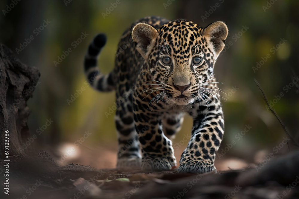 Obraz premium Adorable young leopard cub in nature. Amazing Wildlife. Generative Ai