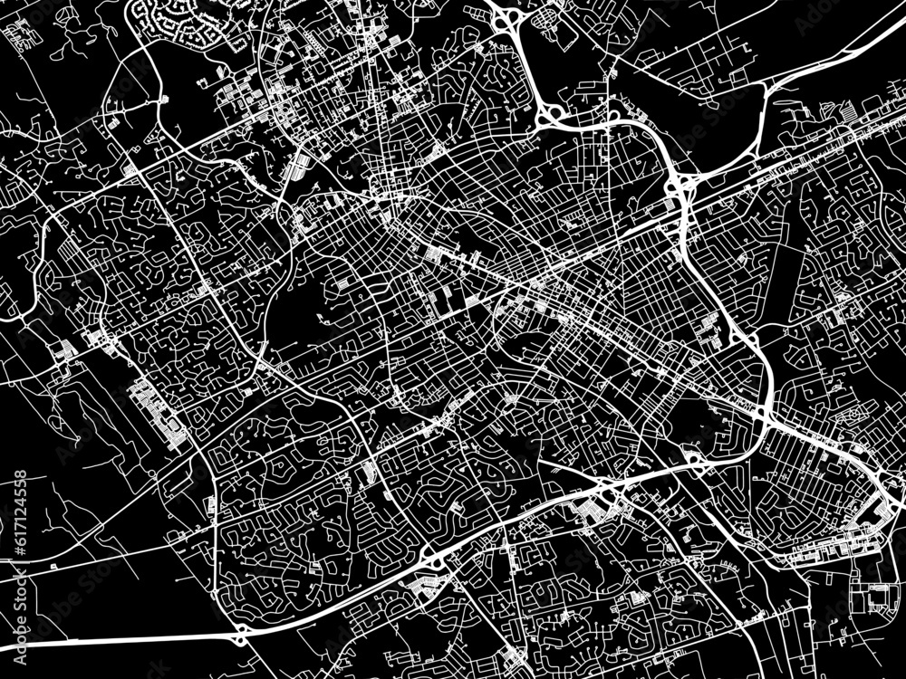 Vector road map of the city of  Kitchener Ontario in Canada with white roads on a black background.