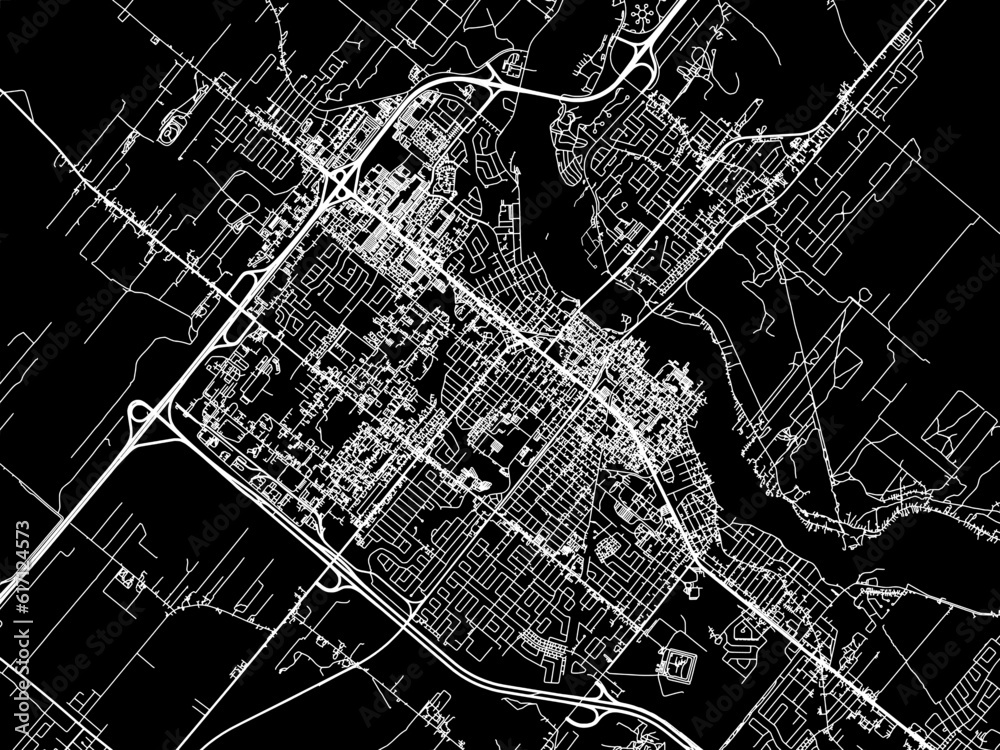Vector road map of the city of  Drummondville Quebec in Canada with white roads on a black background.