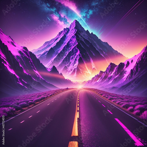 road at sunset in the neon mountains