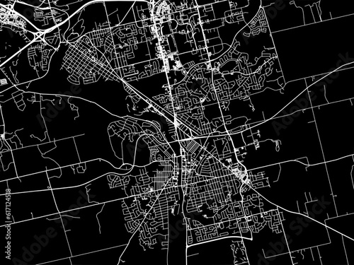 Vector road map of the city of  Cambridge Ontario in Canada with white roads on a black background.