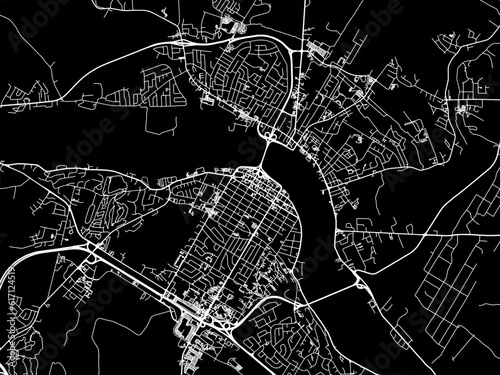 Vector road map of the city of  Fredericton New Brunswick in Canada with white roads on a black background.