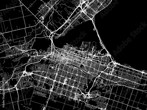Vector road map of the city of  Hamilton Ontario in Canada with white roads on a black background.