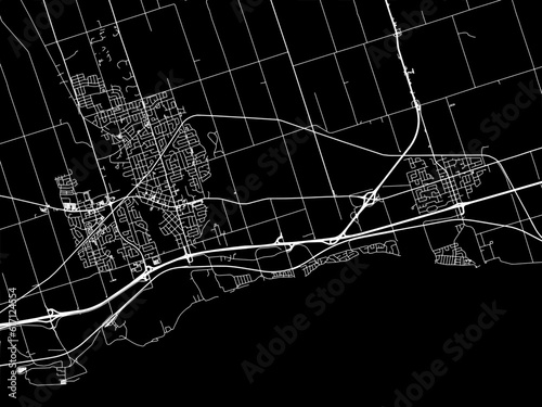 Vector road map of the city of  Bowmanville - Newcastle Ontario in Canada with white roads on a black background. photo