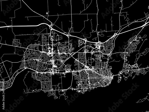 Vector road map of the city of  Kingston Ontario in Canada with white roads on a black background.