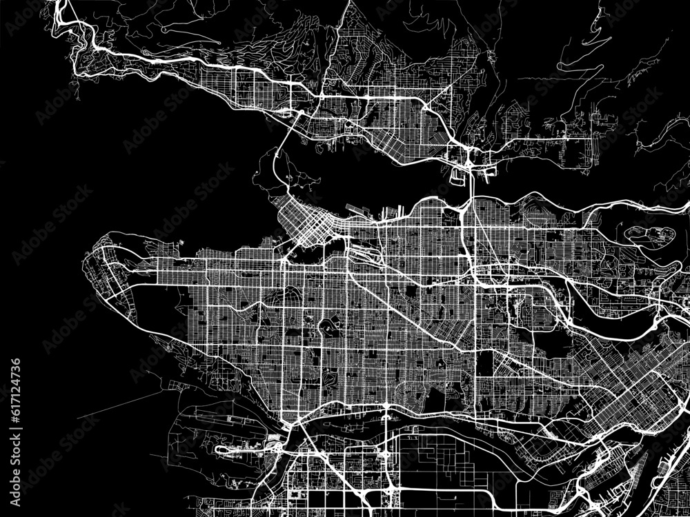 Vector road map of the city of  Vancouver British Columbia in Canada with white roads on a black background.