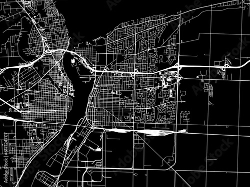 Vector road map of the city of  Sarnia Ontario in Canada with white roads on a black background.
