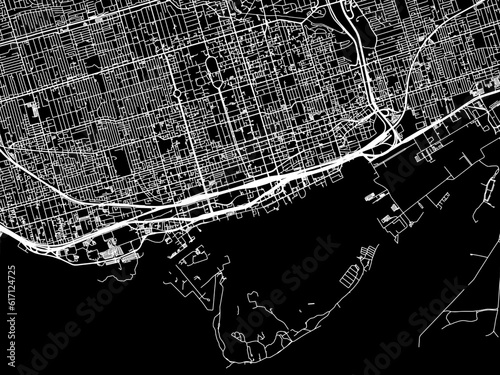 Vector road map of the city of  Toronto Center Ontario in Canada with white roads on a black background.