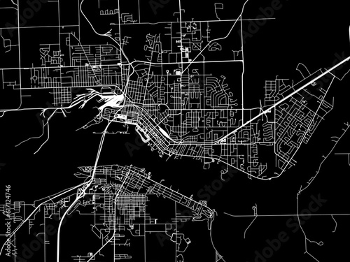 Vector road map of the city of  Sault Ste. Marie Ontario in Canada with white roads on a black background.
