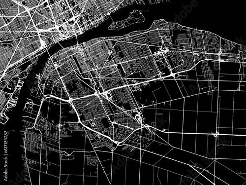 Vector road map of the city of  Windsor Ontario in Canada with white roads on a black background.
