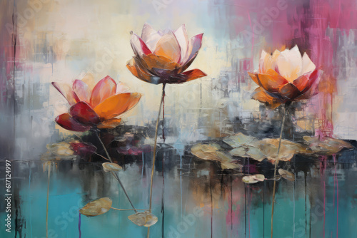 Pink Lotus oil painting beautiful scenery quit pond. Generative ai blooming water lily flowers. Sunny summer weather interior wall painting design illustration