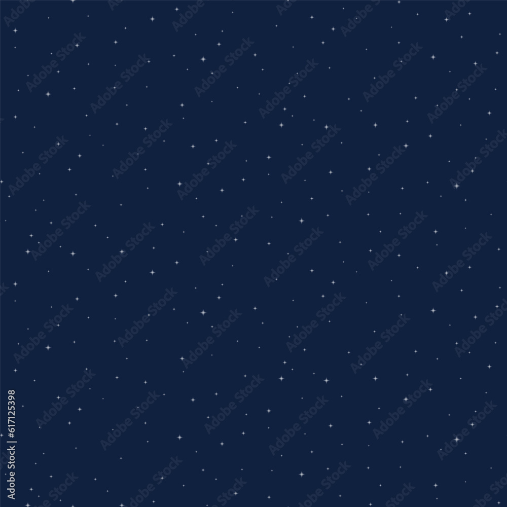 Night sky with little white stars seamless pattern on blue background. Flat style vector illustration. Abstract geometric design. Starry sky, space, cosmos, galaxy, universe backdrop, wallpaper