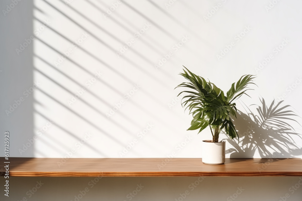 Table shadow background. Wooden table and white empty wall with plant shadows Table shadow background. Wooden table and white empty wall with plant shadows