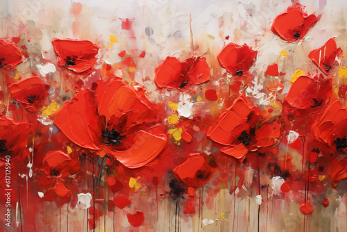 Red Poppy beautiful field oil painting. Generative ai blooming orchid flowers. Beautiful floral interior wall painting design illustration