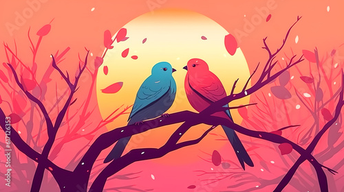 Two birds are sitting on a branch, generative AI. © puhimec
