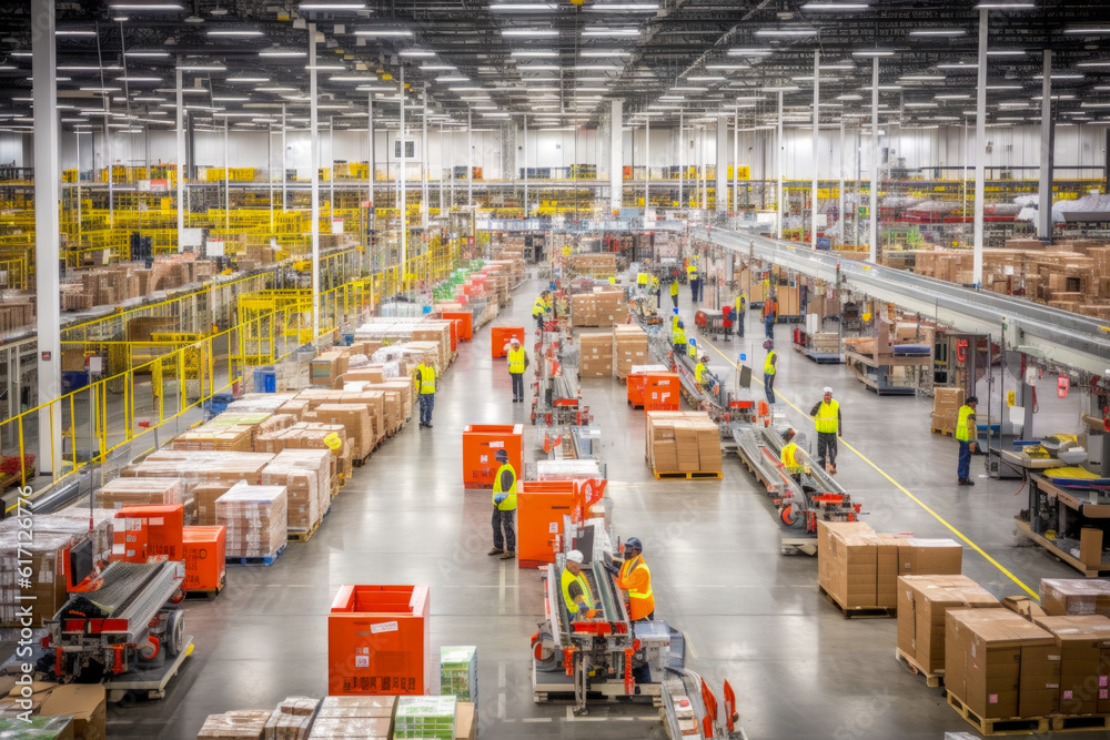 Fototapeta premium A wide-angle shot of a busy factory floor - Generative AI