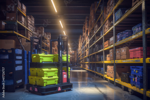 A wide-angle photo of a modern warehouse storage - Generative AI © jovannig