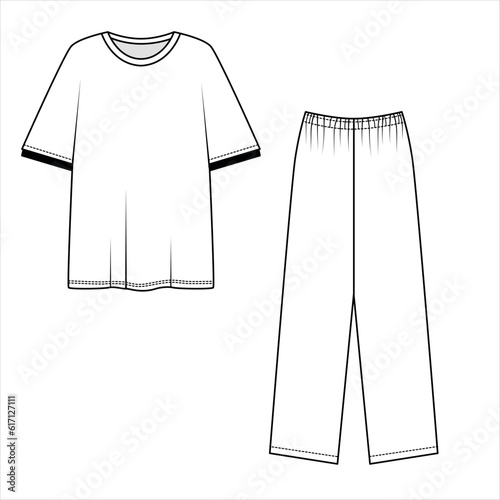 Vector outline drawing of cotton pajamas. Template of free cut t-shirt and pants in a casual style. Drawing of elastic band pants and short sleeve t-shirt, vector.