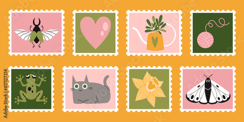 Set of cute hand-drawn post stamps with natural plant elements, attributes like flowers, moth, frog. Trendy modern vector illustartions in Cartoon style