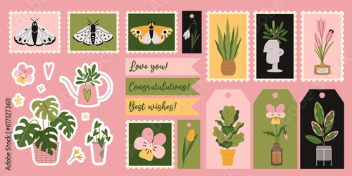 Decorative set with Houseplants, flowers and nature elements, cartoon style. Labels, postage stamps and stickers for decoration of the holiday. Trendy vector illustration, flat design