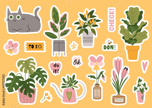 Cute stickerpack with natural plant elements and trendy lettering, cartoon style. Houseplants, flowers and cat. Urban Cozy home. Set of stickers for planner and diaries, vector flat illustration